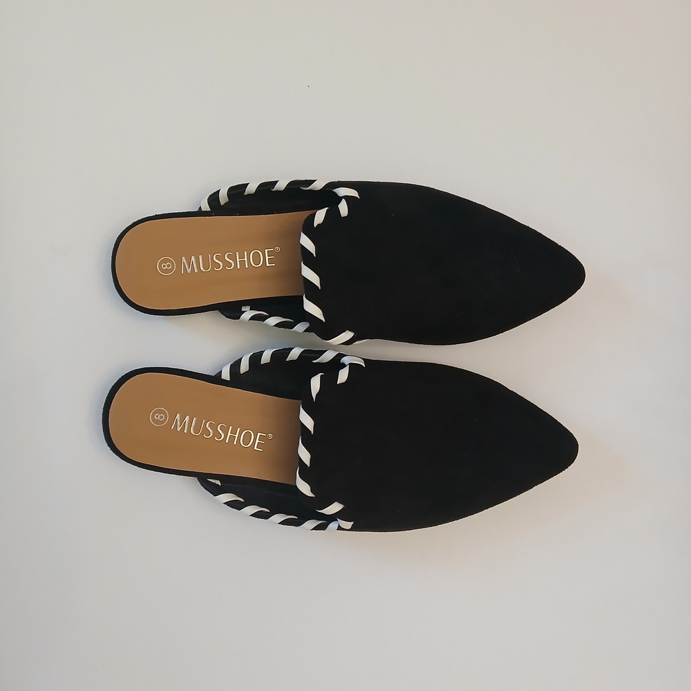 •MUSSHOE Black Pointed Slip-On Mule with Twisted Trim